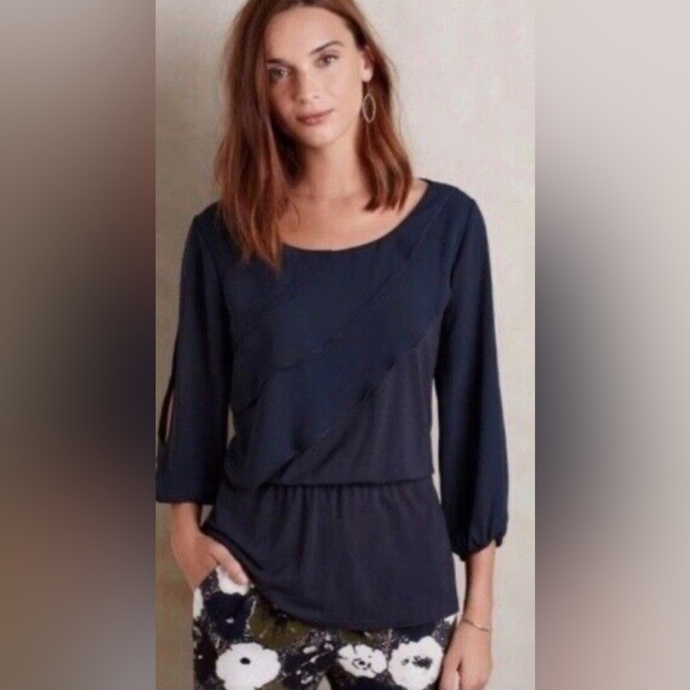 Anthropology Deletta Anthropologie Top Womens Medium Blue Tiered Ruffle